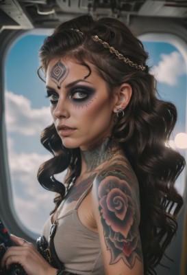 1girl,solo,long hair,breasts,looking at viewer,brown hair,black hair,bare shoulders,brown eyes,jewelry,upper body,weapon,earrings,small breasts,parted lips,sky,choker,day,artist name,cloud,necklace,blurry,bracelet,from side,blue sky,lips,eyelashes,tattoo,makeup,depth of field,blurry background,wavy hair,piercing,tank top,eyeshadow,freckles,curly hair,watch,nose,arm tattoo,shoulder tattoo,mascara,hair ornament,green eyes,chain,facial mark,forehead mark,realistic,eyeliner,facial tattoo,car interior