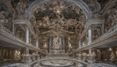 1girl,long hair,multiple girls,blonde hair,dress,holding,sitting,standing,multiple boys,indoors,6+girls,scenery,6+boys,robe,stairs,fantasy,candle,architecture,pillar,statue,ceiling,arch,chandelier,column,short hair,food,wings,no humans,wooden floor,angel,carpet