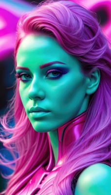 1girl,solo,long hair,looking at viewer,blue eyes,closed mouth,upper body,pink hair,sleeveless,blurry,lips,eyelashes,bodysuit,makeup,colored skin,portrait,eyeshadow,realistic,nose,blue skin,eyeliner,green skin,purple hair,artist name,expressionless,close-up,science fiction,alien