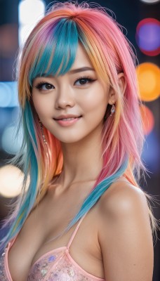 1girl,solo,long hair,breasts,looking at viewer,smile,bangs,large breasts,cleavage,bare shoulders,brown eyes,jewelry,medium breasts,underwear,blue hair,collarbone,upper body,pink hair,multicolored hair,earrings,parted lips,teeth,bra,blurry,two-tone hair,lips,eyelashes,aqua hair,gradient hair,makeup,depth of field,blurry background,watermark,web address,freckles,realistic,pink bra,nose,bokeh,blue eyes,blonde hair,orange hair,streaked hair,underwear only,rainbow hair