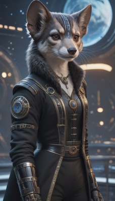 1girl,solo,looking at viewer,gloves,long sleeves,animal ears,brown eyes,jewelry,closed mouth,standing,jacket,cowboy shot,open clothes,belt,pants,artist name,signature,necklace,blurry,coat,black jacket,fur trim,blurry background,animal,black pants,gauntlets,furry,buckle,pendant,science fiction,fur collar,open coat,black coat,mouse ears,furry female,arms at sides,body fur,leather,white fur,planet,animal nose,whiskers,earth (planet),breasts,cat ears,realistic