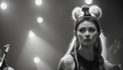 1girl,long hair,bangs,multiple girls,hair ornament,2girls,bare shoulders,jewelry,monochrome,upper body,braid,greyscale,earrings,parted lips,solo focus,hair bun,blurry,lips,tattoo,blurry background,single hair bun,tank top,instrument,hoop earrings,nose,arm tattoo,shoulder tattoo,dreadlocks,solo,holding,teeth,grey background,twin braids,piercing,realistic,guitar,drum,lip piercing