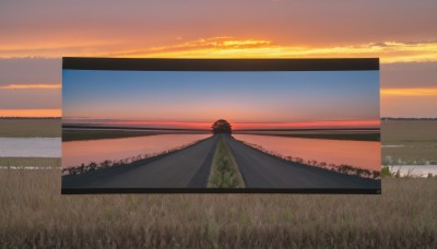 outdoors,sky,artist name,cloud,water,tree,no humans,ocean,cloudy sky,grass,nature,scenery,reflection,sunset,horizon,road,field,twilight,evening,landscape,gradient sky,orange sky,hill,plant,sun,red sky