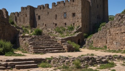 outdoors,sky,day,tree,blue sky,no humans,grass,building,scenery,rock,stairs,ruins,moss,plant,bush,path,arch,stone,stone stairs