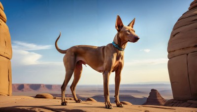 HQ,solo,closed mouth,standing,full body,outdoors,sky,day,cloud,collar,blue sky,no humans,animal,scenery,dog,realistic,sand,animal focus,pillar,desert,signature,rock