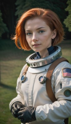 1girl,solo,looking at viewer,smile,short hair,brown hair,gloves,green eyes,upper body,outdoors,black gloves,orange hair,mole,blurry,tree,lips,grey eyes,mole under eye,blurry background,own hands together,freckles,realistic,nose,american flag,spacesuit,astronaut,blue eyes,long sleeves,red hair,parted lips,bob cut,wind,nature,forest,science fiction,dirty,dirty face