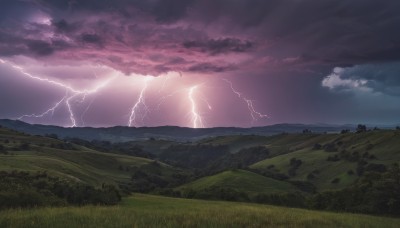 outdoors,sky,cloud,tree,no humans,cloudy sky,grass,nature,scenery,mountain,electricity,field,lightning,landscape,mountainous horizon,hill,water,ocean,horizon