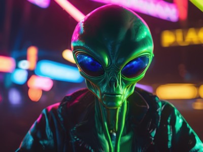 solo,looking at viewer,blue eyes,1boy,closed mouth,jacket,upper body,male focus,open clothes,shiny,blurry,black jacket,mask,depth of field,blurry background,colored skin,portrait,science fiction,green skin,leather,alien,leather jacket,neon lights,bodysuit,helmet