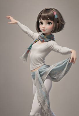 1girl,solo,breasts,looking at viewer,blush,smile,short hair,bangs,skirt,simple background,brown hair,shirt,hair ornament,long sleeves,navel,brown eyes,closed mouth,standing,white shirt,hairband,small breasts,pants,blunt bangs,grey background,clothes lift,scarf,flat chest,lips,feet out of frame,skirt lift,bob cut,outstretched arms,outstretched arm,brown background,white pants,nose,midriff,gradient background,midriff peek