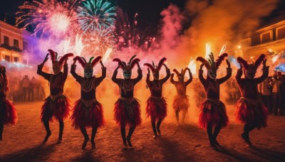 multiple girls,standing,outdoors,multiple boys,arms up,night,6+girls,fire,instrument,night sky,6+boys,dancing,fireworks,crowd,clone,drum,festival,aerial fireworks,people,6+others,animal ears,weapon,rabbit ears,parody,explosion,trumpet