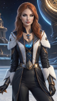 1girl,solo,long hair,breasts,looking at viewer,brown hair,gloves,cleavage,brown eyes,jewelry,medium breasts,standing,cowboy shot,earrings,sky,choker,black gloves,pants,artist name,necklace,lips,coat,fur trim,makeup,night,black pants,lipstick,gem,star (sky),starry sky,freckles,red lips,space,planet,red hair,orange hair,night sky,realistic