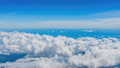 monochrome,outdoors,sky,day,cloud,water,blue sky,no humans,bird,ocean,cloudy sky,scenery,blue theme,horizon,above clouds