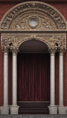 indoors,no humans,window,scenery,stairs,door,pillar,arch,column,architecture,red theme,statue,gate