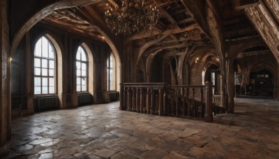 day,indoors,no humans,window,sunlight,scenery,stairs,door,railing,light,candle,architecture,pillar,hallway,church,arch,candlestand,chandelier,column,stone floor,fantasy,tile floor,ceiling,vanishing point