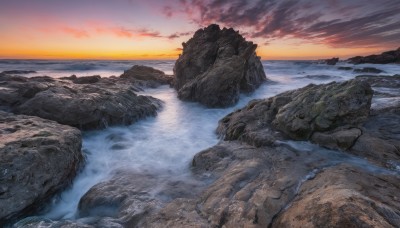 outdoors,sky,cloud,water,no humans,ocean,beach,cloudy sky,scenery,sunset,rock,mountain,horizon,river,waves,evening,landscape,gradient sky,shore,orange sky,cliff,sand