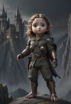 1girl,solo,long hair,looking at viewer,blue eyes,brown hair,gloves,1boy,standing,full body,weapon,outdoors,sky,barefoot,pointy ears,belt,pants,hood,armor,grey eyes,capelet,knife,gauntlets,building,sheath,child,claws,pouch,mountain,fantasy,female child,dagger,male child,castle,open mouth,blonde hair,teeth,sword,cape