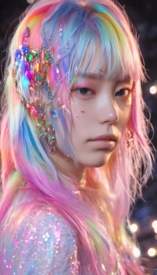 1girl,solo,long hair,looking at viewer,bangs,hair ornament,jewelry,closed mouth,blue hair,upper body,pink hair,multicolored hair,earrings,artist name,blunt bangs,blurry,black eyes,lips,eyelashes,makeup,depth of field,blurry background,watermark,gem,portrait,web address,freckles,realistic,nose,colorful,rainbow hair,blue eyes,brown eyes,light particles,lens flare,bokeh