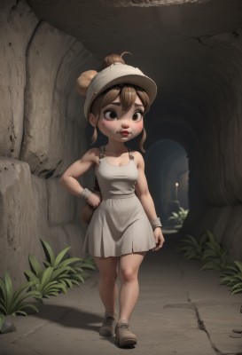 1girl,solo,breasts,blush,brown hair,hat,dress,bare shoulders,brown eyes,standing,full body,outdoors,shoes,teeth,bag,hair bun,white dress,hand on hip,short dress,single hair bun,thick eyebrows,aged down,wristband,sneakers,child,walking,female child,dirty,cleavage,medium breasts,ponytail,small breasts,lips,freckles,dirty face,dirty clothes