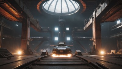 indoors,no humans,window,fire,ground vehicle,building,scenery,motor vehicle,smoke,science fiction,light,ruins,vehicle focus,spacecraft,lights,car,truck