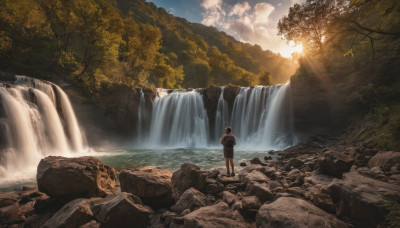 solo, 1boy, standing, male focus, outdoors, sky, cloud, water, bag, from behind, tree, sunlight, backpack, nature, scenery, rock, sun, waterfall, cliff