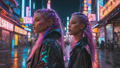 1girl, long hair, multiple girls, 2girls, jewelry, jacket, upper body, pink hair, purple hair, earrings, outdoors, dark skin, blurry, from side, dark-skinned female, night, blurry background, piercing, city, realistic, cyberpunk, neon lights