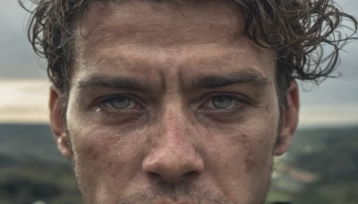 solo,looking at viewer,short hair,brown hair,black hair,1boy,closed mouth,green eyes,male focus,outdoors,day,blurry,depth of field,blurry background,facial hair,scar,thick eyebrows,messy hair,portrait,beard,close-up,realistic,sweat,grey eyes,stubble,looking afar