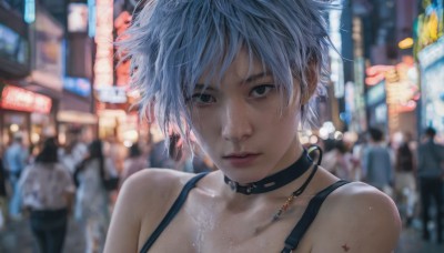 1girl,solo,looking at viewer,short hair,bangs,bare shoulders,jewelry,closed mouth,collarbone,upper body,white hair,grey hair,outdoors,solo focus,choker,necklace,blurry,black eyes,collar,lips,grey eyes,tattoo,depth of field,blurry background,portrait,freckles,realistic,blue hair,earrings,wet,night,black choker,messy hair,rain,water drop,city,wet hair,crowd