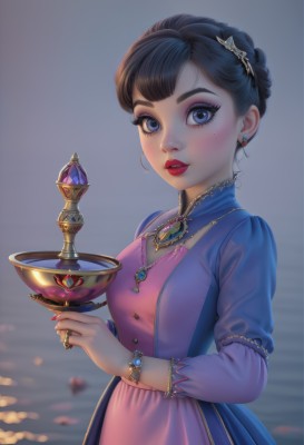 1girl,solo,breasts,looking at viewer,blush,short hair,bangs,blue eyes,black hair,hair ornament,long sleeves,dress,holding,jewelry,standing,upper body,braid,earrings,small breasts,parted lips,puffy sleeves,artist name,water,necklace,hair bun,nail polish,mole,blurry,bracelet,cup,lips,fingernails,see-through,eyelashes,mole under eye,makeup,depth of field,blurry background,blue dress,single hair bun,ring,lipstick,juliet sleeves,brooch,gem,pink dress,red nails,purple dress,pendant,eyeshadow,puffy long sleeves,gold trim,high collar,pink lips,glint,red lips,eyeliner,blue gemstone,mascara,red gemstone,green gemstone,chalice,thick eyebrows,realistic,nose,gold