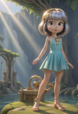 1girl,solo,looking at viewer,smile,short hair,bangs,dress,bare shoulders,brown eyes,jewelry,closed mouth,standing,full body,grey hair,outdoors,sleeveless,day,artist name,water,necklace,black eyes,flat chest,bracelet,tree,lips,bare arms,toes,sleeveless dress,blue dress,brown footwear,short dress,sandals,sunlight,child,pendant,backlighting,light rays,rock,anklet,arms at sides,female child,sunbeam,ruins,pillar,brown hair,leaf,watermark,grass,web address,dappled sunlight,gears,aqua dress