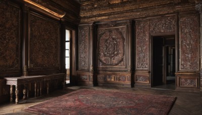 day,indoors,no humans,window,sunlight,scenery,light rays,wooden floor,stairs,door,architecture,pillar,carpet,church,arch,chair,table,clock,candle,painting (object),rug,chandelier,fireplace