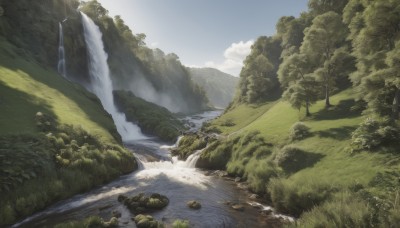 outdoors,sky,day,cloud,water,tree,blue sky,no humans,grass,nature,scenery,forest,rock,mountain,river,waterfall,landscape,cliff,stream,sunlight