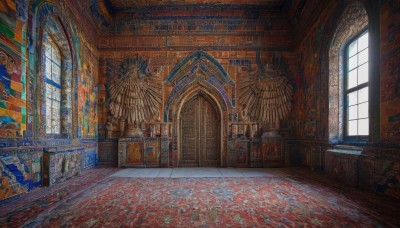 day,indoors,no humans,window,traditional media,sunlight,scenery,wooden floor,stairs,door,architecture,pillar,statue,banner,stained glass,carpet,church,arch,rug,column,fantasy,candle,wall,brick wall,painting (object),chandelier