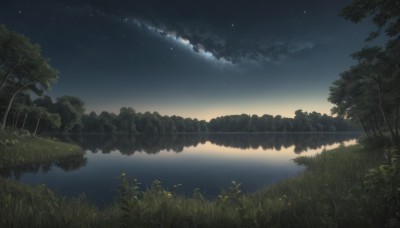 outdoors,sky,cloud,water,tree,no humans,night,grass,plant,star (sky),nature,night sky,scenery,forest,starry sky,reflection,lake,sunset,landscape