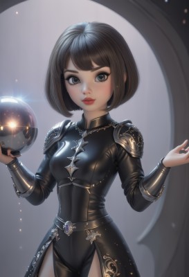 1girl,solo,breasts,looking at viewer,short hair,bangs,brown hair,black hair,long sleeves,dress,holding,brown eyes,jewelry,closed mouth,standing,cowboy shot,small breasts,parted lips,shiny,belt,artist name,armor,black eyes,black dress,lips,grey eyes,hands up,eyelashes,sparkle,makeup,bob cut,lipstick,shoulder armor,gem,pelvic curtain,light particles,pauldrons,breastplate,nose,vambraces,red lips,eyeliner,shoulder pads,orb,blush,smile,medium breasts,watermark,web address,backlighting