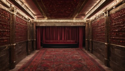 indoors,book,dutch angle,no humans,sunlight,curtains,scenery,stairs,bookshelf,library,carpet,chandelier,voile,light rays,wooden floor,pillar,ceiling,rug