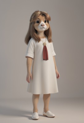 1girl,solo,long hair,looking at viewer,simple background,brown hair,dress,animal ears,brown eyes,jewelry,closed mouth,standing,full body,short sleeves,shoes,grey background,white dress,black eyes,ascot,parody,white footwear,dog ears,furry,brown background,dog,furry female,arms at sides,leg hair,arm hair,shadow,empty eyes,dog girl,body fur,two-tone fur