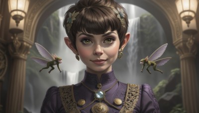 1girl,solo,looking at viewer,smile,short hair,bangs,multiple girls,brown hair,hair ornament,dress,jewelry,closed mouth,green eyes,yellow eyes,upper body,earrings,outdoors,wings,solo focus,pointy ears,water,necklace,hair bun,blurry,lips,eyelashes,makeup,depth of field,brooch,gem,portrait,purple dress,flying,lantern,realistic,nose,fantasy,fairy wings,fairy,pillar,waterfall,blurry background,red lips,insect wings