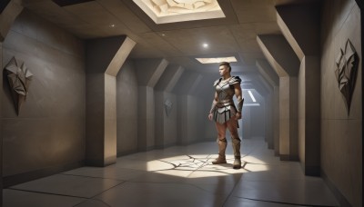 solo,short hair,brown hair,1boy,standing,full body,male focus,boots,pants,indoors,dark skin,armor,muscular,facial hair,sunlight,dark-skinned male,muscular male,shoulder armor,beard,pauldrons,light rays,light,closed mouth,weapon,belt,brown footwear,bracer