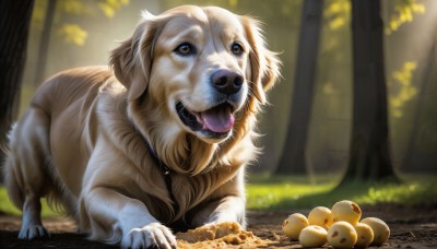 HQ,solo,open mouth,brown eyes,full body,outdoors,food,day,tongue,tongue out,blurry,collar,tree,no humans,depth of field,blurry background,animal,fangs,sunlight,grass,nature,forest,dog,realistic,animal focus,pet bowl,standing,signature,pokemon (creature),watermark,web address,claws