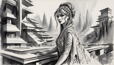 1girl,solo,long hair,breasts,looking at viewer,dress,jewelry,monochrome,upper body,braid,greyscale,earrings,parted lips,hair bun,bracelet,from side,lips,makeup,single hair bun,lipstick,building,instrument,stairs,architecture,east asian architecture,sitting,city,music,cityscape,piano