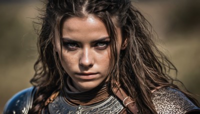 1girl,solo,long hair,looking at viewer,brown hair,brown eyes,closed mouth,upper body,armor,blurry,lips,blurry background,wavy hair,shoulder armor,messy hair,portrait,close-up,forehead,freckles,curly hair,pauldrons,breastplate,realistic,nose,chainmail