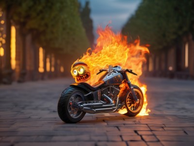 solo,outdoors,day,blurry,tree,no humans,depth of field,blurry background,fire,ground vehicle,motor vehicle,road,motorcycle,burning,fiery hair,sky,scenery,street