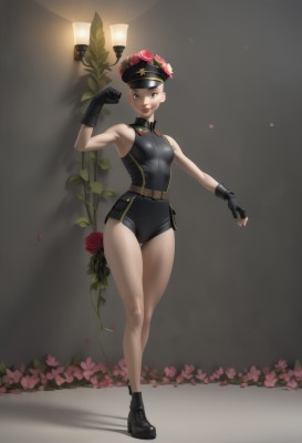 1girl,solo,breasts,looking at viewer,smile,short hair,black hair,gloves,hat,bare shoulders,brown eyes,standing,full body,flower,thighs,small breasts,boots,sleeveless,black gloves,belt,fingerless gloves,armpits,black footwear,uniform,black eyes,leotard,lips,military,bare legs,black headwear,military uniform,rose,red flower,peaked cap,military hat,red rose,ankle boots,shoes,thigh gap,clenched hand,pink flower,pouch