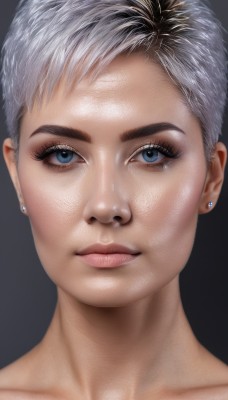 1girl,solo,looking at viewer,short hair,blue eyes,simple background,1boy,jewelry,closed mouth,collarbone,white hair,grey hair,male focus,multicolored hair,earrings,shiny,two-tone hair,lips,eyelashes,piercing,black background,ear piercing,portrait,close-up,realistic,nose,stud earrings,very short hair,undercut,smile