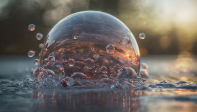 water, blurry, no humans, depth of field, blurry background, scenery, reflection, bubble, planet