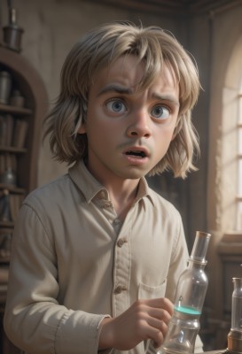 1girl,solo,looking at viewer,short hair,open mouth,blue eyes,blonde hair,shirt,long sleeves,1boy,holding,white shirt,upper body,male focus,parted lips,teeth,collared shirt,indoors,blurry,grey eyes,book,window,buttons,blurry background,facial hair,bottle,child,freckles,wide-eyed,realistic,bookshelf,female child,male child,flask,lips,dress shirt,depth of field,watermark,sunlight,thick eyebrows,messy hair,nose,mustache,jar,potion