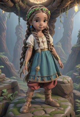 1girl,solo,long hair,looking at viewer,smile,brown hair,brown eyes,jewelry,very long hair,standing,full body,braid,short sleeves,earrings,boots,outdoors,pants,dark skin,necklace,twin braids,flat chest,bracelet,dark-skinned female,tree,lips,brown footwear,plant,child,nature,freckles,rock,female child,vines,baggy pants,moss,puffy pants,multiple braids,skirt,shirt,hair ornament,closed mouth,collarbone,white shirt,puffy sleeves,artist name,signature,puffy short sleeves,blue skirt,fingernails,leaf,sunlight,grass,gem,multicolored clothes,backlighting,legs apart,arms at sides