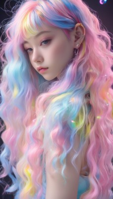 1girl,solo,long hair,looking at viewer,bangs,blue eyes,blonde hair,simple background,jewelry,closed mouth,blue hair,upper body,pink hair,multicolored hair,earrings,sleeveless,from side,two-tone hair,lips,eyelashes,gradient hair,makeup,wavy hair,piercing,lipstick,black background,ear piercing,eyeshadow,pink lips,realistic,nose,rainbow hair,artist name,mascara