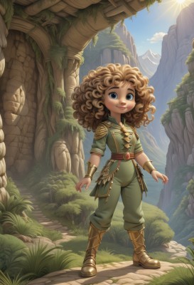 1girl,solo,long hair,looking at viewer,smile,blue eyes,brown hair,jewelry,standing,full body,boots,outdoors,sky,day,belt,pants,cloud,flat chest,bracelet,blue sky,lips,brown footwear,sunlight,grass,plant,wristband,child,curly hair,rock,mountain,fantasy,sun,bracer,green pants,brown eyes,artist name,armor,tree,leaf,female child