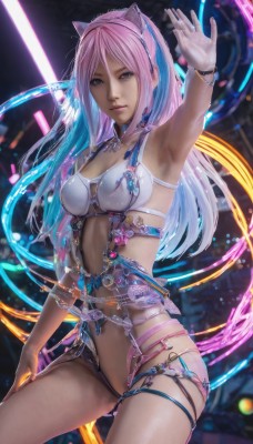 1girl,solo,long hair,breasts,looking at viewer,blue eyes,gloves,navel,animal ears,cleavage,jewelry,medium breasts,blue hair,swimsuit,pink hair,multicolored hair,cat ears,armpits,arm up,bracelet,two-tone hair,lips,gradient hair,fake animal ears,realistic,standing,bikini,cowboy shot,hairband,choker,headphones,watermark,science fiction,animal ear headphones,cat ear headphones